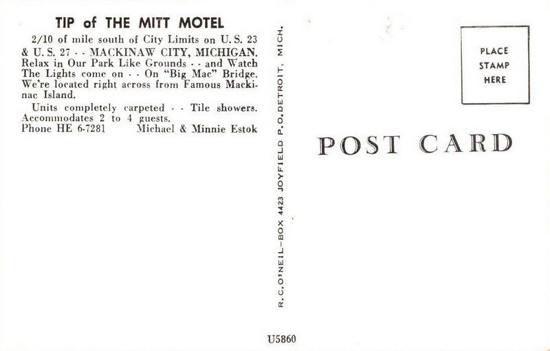 Tip of The Mitt Motel - Postcard Back